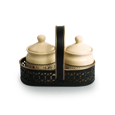 'Art of Warli' Multi-Purpose Ceramic Pickle & Chutney Jar Set With Iron Holder (Non Air-Tight, Set Of 2, 280 ml, Handcrafted)