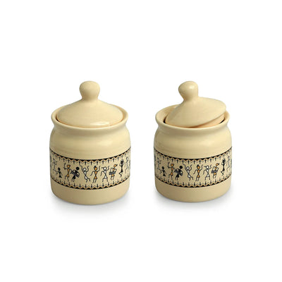 'Art of Warli' Multi-Purpose Ceramic Pickle & Chutney Jar Set With Iron Holder (Non Air-Tight, Set Of 2, 280 ml, Handcrafted)