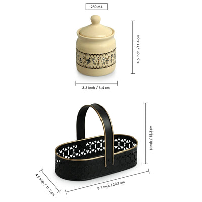 'Art of Warli' Multi-Purpose Ceramic Pickle & Chutney Jar Set With Iron Holder (Non Air-Tight, Set Of 2, 280 ml, Handcrafted)