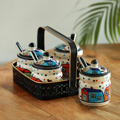 'The Hut' Multi-Purpose Ceramic Pickle & Chutney Jar Set With Spoons & Iron Holder (Non Air-Tight, Set Of 4, 280 ml, Hand-Painted)