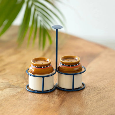 'Old Fashioned Martaban' Ceramic Salt & Pepper Shakers Set With Iron Holder (Set of 2, 80 ml, Handcrafted)