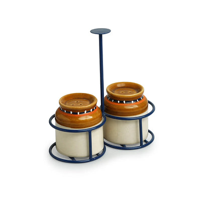 'Old Fashioned Martaban' Ceramic Salt & Pepper Shakers Set With Iron Holder (Set of 2, 80 ml, Handcrafted)