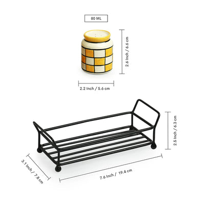 'Shatranj Checkered' Ceramic Salt & Pepper Shakers Set With Iron Tray (Set of 2, 80 ml, Hand-Painted)