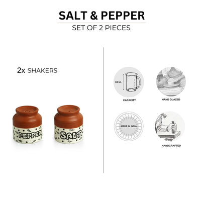 'Old Fashioned Martaban' Ceramic Salt & Pepper Shakers Set (Set of 2, 80 ml, Handcrafted)