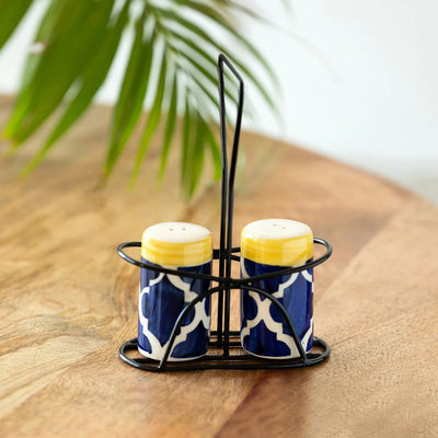 'Moroccan' Ceramic Salt & Pepper Shakers Set With Iron Holder (Set of 2, 70 ml, Hand-Painted)