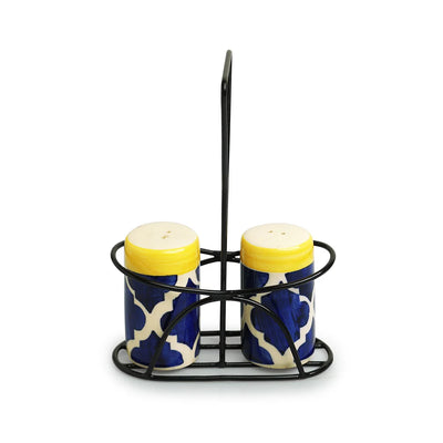 'Moroccan' Ceramic Salt & Pepper Shakers Set With Iron Holder (Set of 2, 70 ml, Hand-Painted)