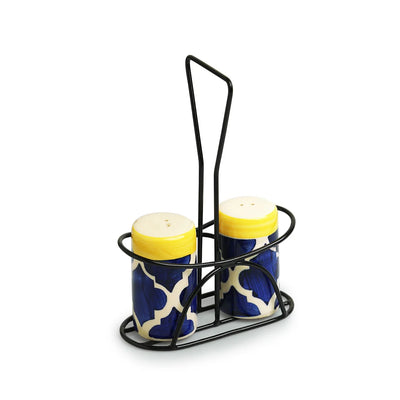 'Moroccan' Ceramic Salt & Pepper Shakers Set With Iron Holder (Set of 2, 70 ml, Hand-Painted)