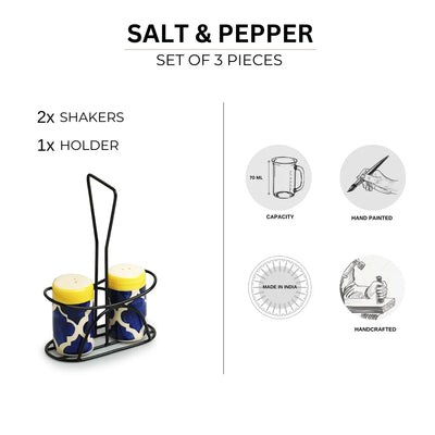 'Moroccan' Ceramic Salt & Pepper Shakers Set With Iron Holder (Set of 2, 70 ml, Hand-Painted)