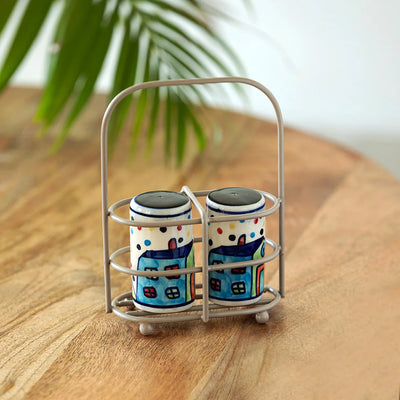 'The Hut' Ceramic Salt & Pepper Shakers Set With Iron Holder (Set of 2, 70 ml, Hand-Painted)