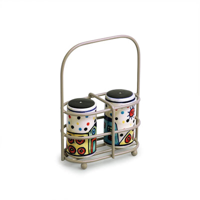 'The Hut' Ceramic Salt & Pepper Shakers Set With Iron Holder (Set of 2, 70 ml, Hand-Painted)