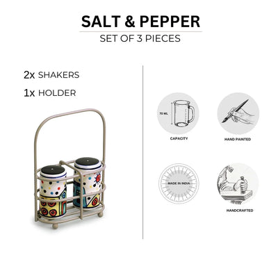 'The Hut' Ceramic Salt & Pepper Shakers Set With Iron Holder (Set of 2, 70 ml, Hand-Painted)