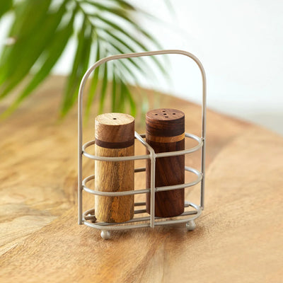 'Wood Forge' Wooden Salt & Pepper Shakers Set With Iron Holder (Set of 2, 45 ml, Handcrafted)