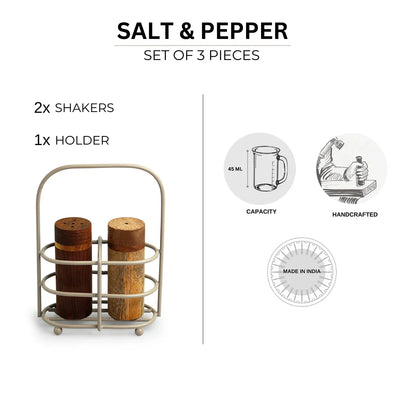 'Wood Forge' Wooden Salt & Pepper Shakers Set With Iron Holder (Set of 2, 45 ml, Handcrafted)