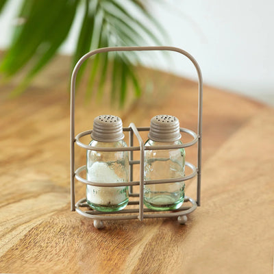 'Mason Bottle' Glass Salt & Pepper Shakers Set With Iron Holder (Set of 2, 60 ml, Handcrafted)