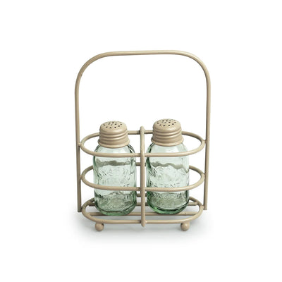 'Mason Bottle' Glass Salt & Pepper Shakers Set With Iron Holder (Set of 2, 60 ml, Handcrafted)