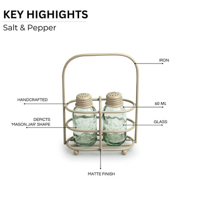 'Mason Bottle' Glass Salt & Pepper Shakers Set With Iron Holder (Set of 2, 60 ml, Handcrafted)