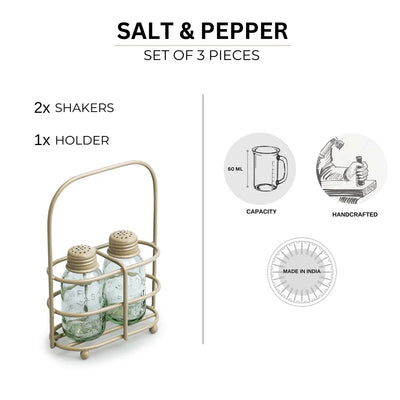 'Mason Bottle' Glass Salt & Pepper Shakers Set With Iron Holder (Set of 2, 60 ml, Handcrafted)