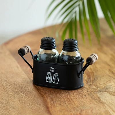 'Mason Bottle' Glass Salt & Pepper Shakers Set With Iron Holder (Set of 2, 60 ml, Handcrafted)