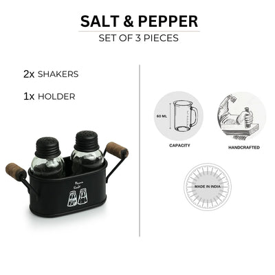 'Mason Bottle' Glass Salt & Pepper Shakers Set With Iron Holder (Set of 2, 60 ml, Handcrafted)