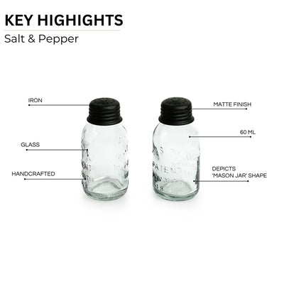 'Mason Bottle' Glass Salt & Pepper Shakers Set In Glass (Set of 2, 60 ml, Handcrafted)