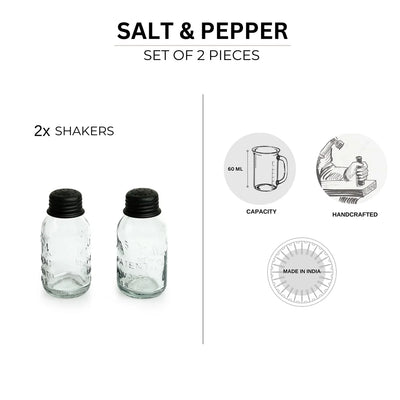 'Mason Bottle' Glass Salt & Pepper Shakers Set In Glass (Set of 2, 60 ml, Handcrafted)