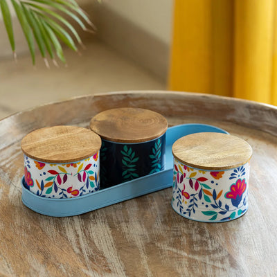 'Boho Floral' Hand-Enamelled Multi Utility Jars & Containers In Iron With Tray (Set of 3, Air-Tight, 480 ML)