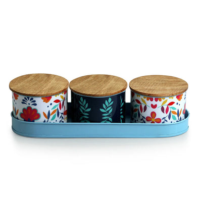 'Boho Floral' Hand-Enamelled Multi Utility Jars & Containers In Iron With Tray (Set of 3, Air-Tight, 480 ML)