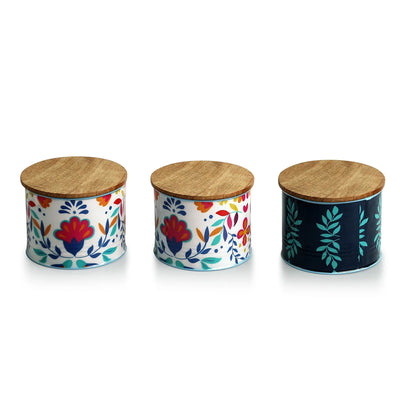 'Boho Floral' Hand-Enamelled Multi Utility Jars & Containers In Iron With Tray (Set of 3, Air-Tight, 480 ML)