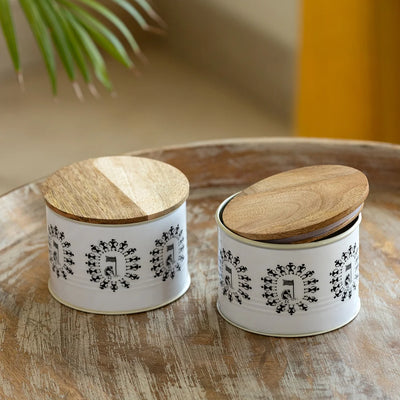 'Warli Tales' Hand-Enamelled Multi Utility Jars & Containers In Iron (Set of 2, Air-Tight, 480 ML)