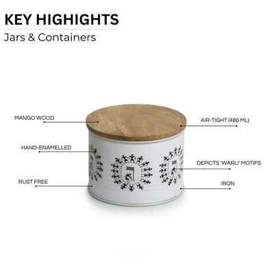 'Warli Tales' Hand-Enamelled Multi Utility Jars & Containers In Iron (Set of 2, Air-Tight, 480 ML)