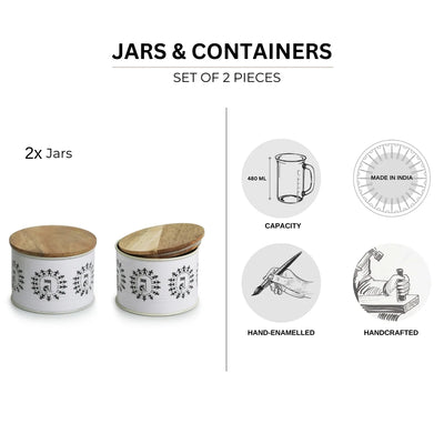 'Warli Tales' Hand-Enamelled Multi Utility Jars & Containers In Iron (Set of 2, Air-Tight, 480 ML)