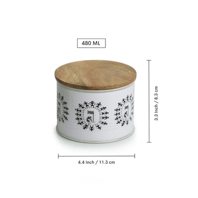 'Warli Tales' Hand-Enamelled Multi Utility Jars & Containers In Iron (Set of 2, Air-Tight, 480 ML)