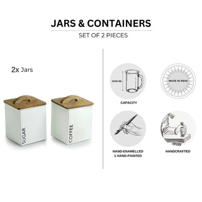 'White Cuboidal' Handcrafted Multi Utility Jars & Containers In Iron (Set of 2, Air-Tight, 1000 ML)