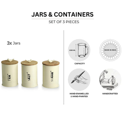 'White Doves' Handcrafted Multi Utility Jars & Containers In Iron (Set of 3, Air-Tight, 1080 ML)