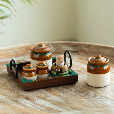 'Old Martaban' Multi-Purpose Ceramic Pickle & Chutney Jar Set With Salt & Pepper Shakers Set & Tray (Non Air-Tight, 120 & 20 ml, Hand-Painted)