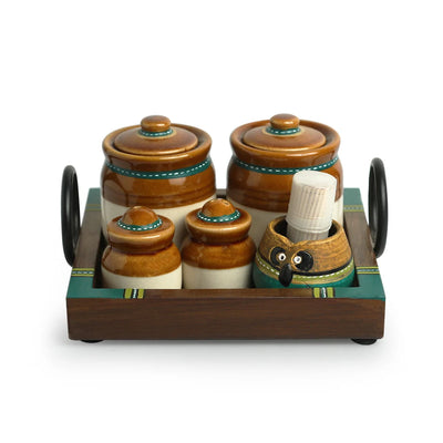 'Old Martaban' Multi-Purpose Ceramic Pickle & Chutney Jar Set With Salt & Pepper Shakers Set & Tray (Non Air-Tight, 120 & 20 ml, Hand-Painted)