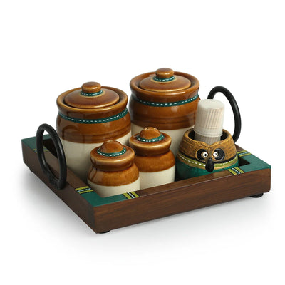 'Old Martaban' Multi-Purpose Ceramic Pickle & Chutney Jar Set With Salt & Pepper Shakers Set & Tray (Non Air-Tight, 120 & 20 ml, Hand-Painted)