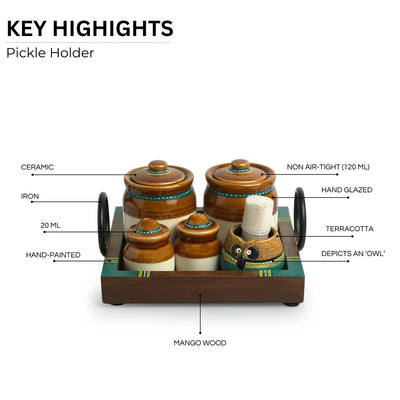 'Old Martaban' Multi-Purpose Ceramic Pickle & Chutney Jar Set With Salt & Pepper Shakers Set & Tray (Non Air-Tight, 120 & 20 ml, Hand-Painted)