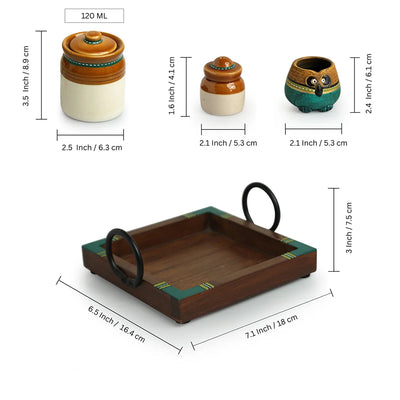 'Old Martaban' Multi-Purpose Ceramic Pickle & Chutney Jar Set With Salt & Pepper Shakers Set & Tray (Non Air-Tight, 120 & 20 ml, Hand-Painted)