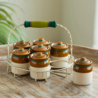 'Old Martaban' Multi-Purpose Ceramic Pickle & Chutney Jar Set & Holder (Non Air-Tight, Set Of 7, 120 ml, Hand-Painted)