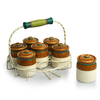 'Old Martaban' Multi-Purpose Ceramic Pickle & Chutney Jar Set & Holder (Non Air-Tight, Set Of 7, 120 ml, Hand-Painted)