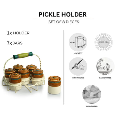 'Old Martaban' Multi-Purpose Ceramic Pickle & Chutney Jar Set & Holder (Non Air-Tight, Set Of 7, 120 ml, Hand-Painted)