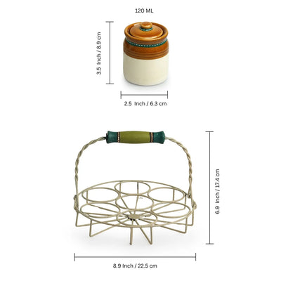 'Old Martaban' Multi-Purpose Ceramic Pickle & Chutney Jar Set & Holder (Non Air-Tight, Set Of 7, 120 ml, Hand-Painted)