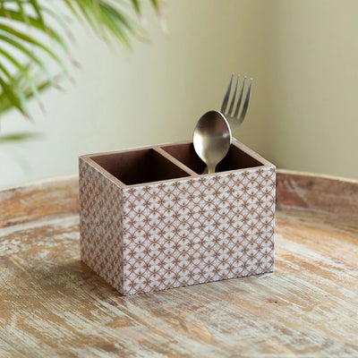 'Geometric Tales' Stationery & Cutlery Holder (2 Partitions, Recycled Wood, Handcrafted)