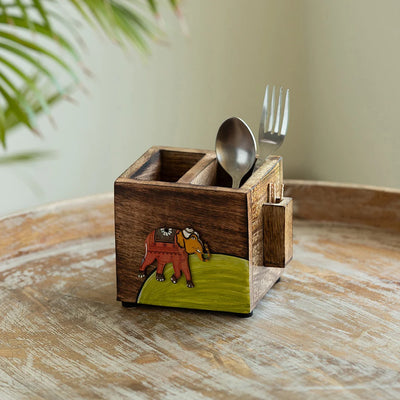 'Elephant Tales' Stationery & Cutlery Holder With Toothpick Holder (3 Partitions, Mango Wood, Hand-Painted)