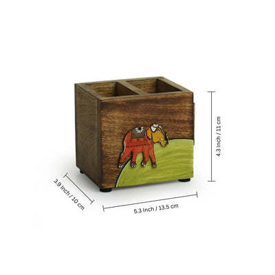 'Elephant Tales' Stationery & Cutlery Holder With Toothpick Holder (3 Partitions, Mango Wood, Hand-Painted)