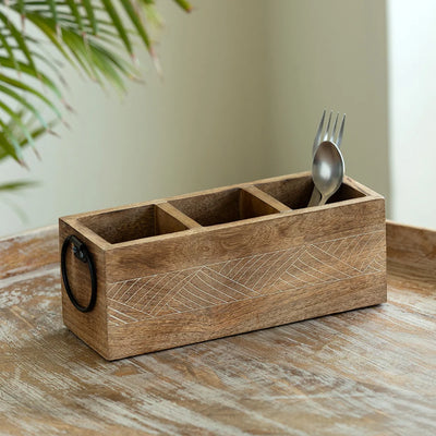 'Waved' Stationery & Cutlery Holder (3 Partitions, Mango Wood, Hand-Etched)