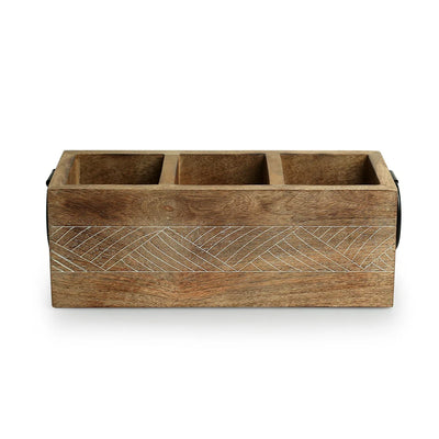 'Waved' Stationery & Cutlery Holder (3 Partitions, Mango Wood, Hand-Etched)