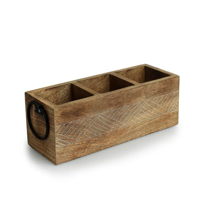 'Waved' Stationery & Cutlery Holder (3 Partitions, Mango Wood, Hand-Etched)