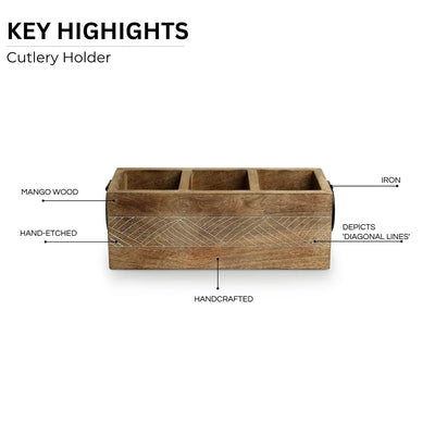 'Waved' Stationery & Cutlery Holder (3 Partitions, Mango Wood, Hand-Etched)